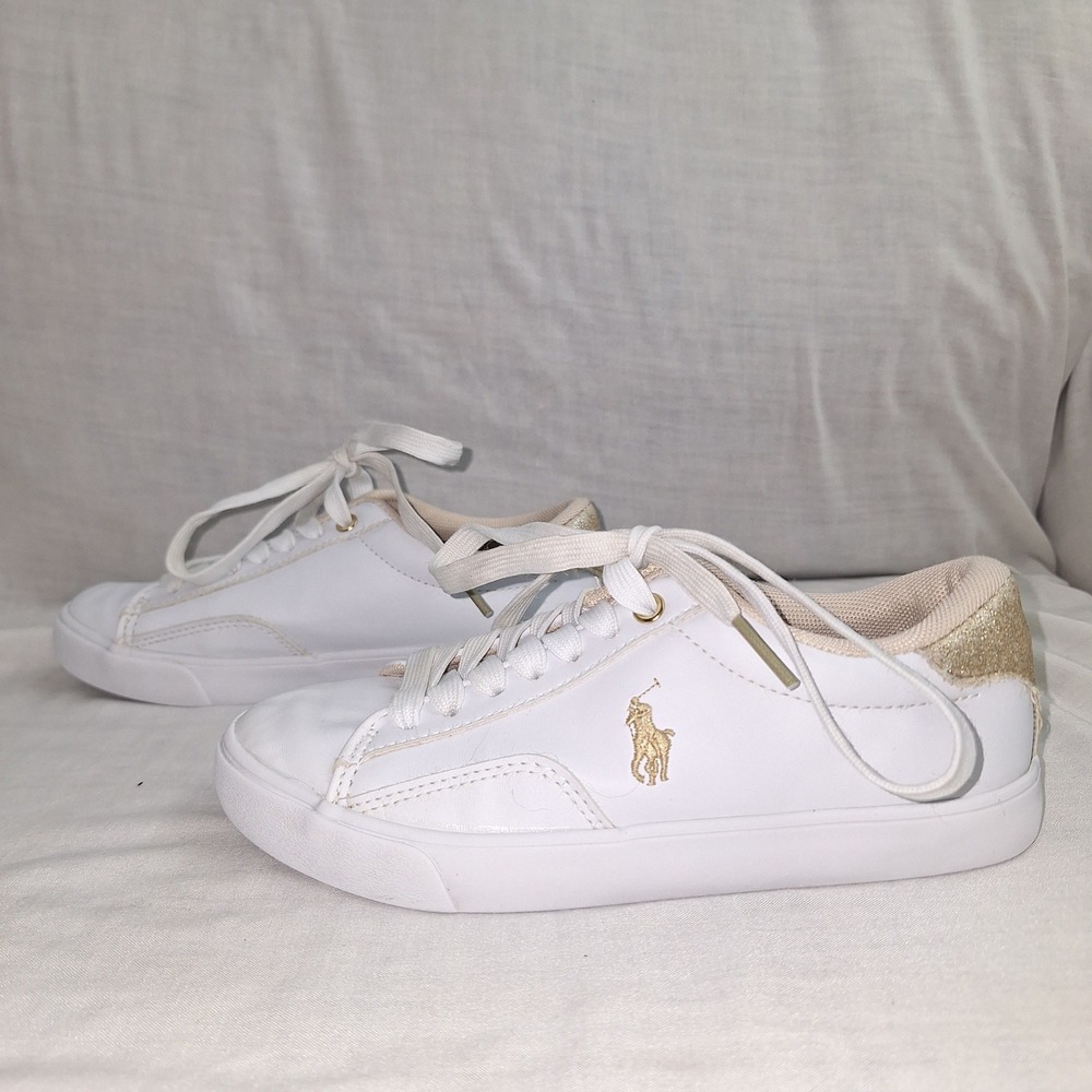 Polo Ralph‎ Lauren White Gold Size 1 Sneaker Theron V Kids RF104098 Girls Preppy
